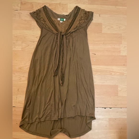 ANTHROPOLOGIE ETT TWA sparkling Bellini Tan Beaded Top Tie Front Sz L Women AC8 - Picture 2 of 4